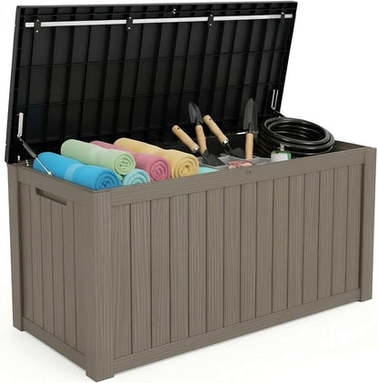 180 Gallon Resin Deck Box - Lockable Waterproof Storage for Patio Furniture & Garden Tools | All-Weather Wood Grain Design