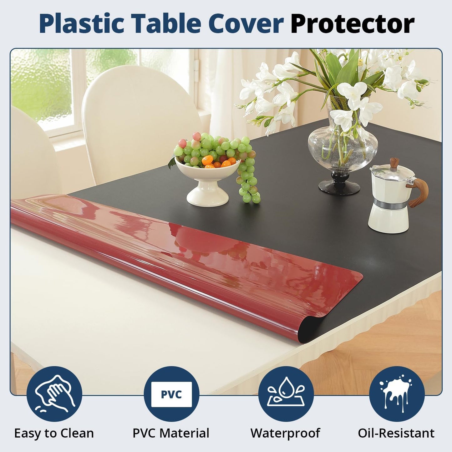 16 40 Inch, 1.5mm OstepDecor Black Table Protector x Thick Plastic Table Cover Protector, PVC Table Top Protector