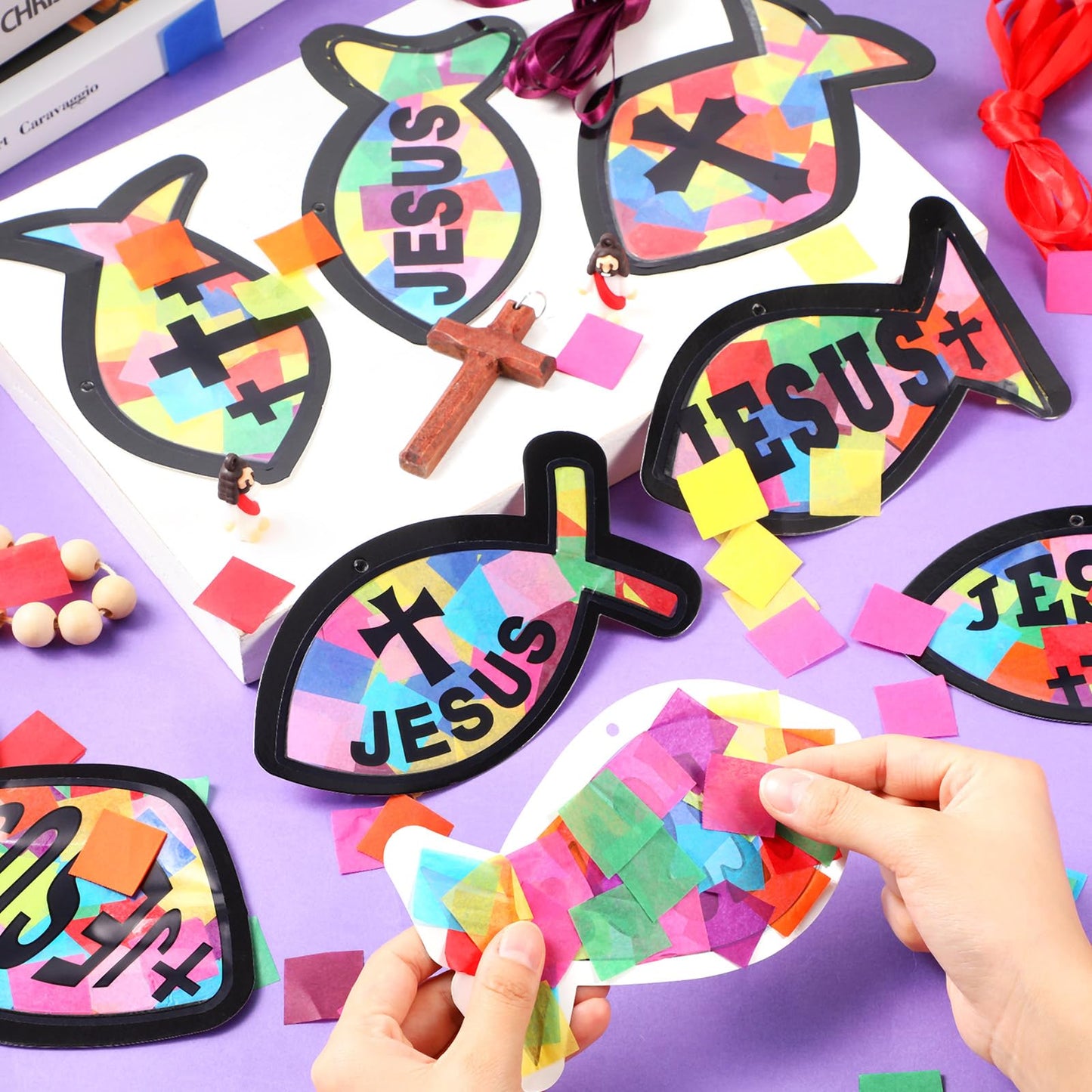 Funrous 32 Set Faith Fish Suncatcher Crafts Kit DIY Easter Christain Cross Crafts with Tissue Paper Religious Sun Catcher Ornaments Church Sunday School VBS Classroom Activities Window Decor Supplies