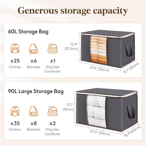 Lifewit 90L Clothes Storage Bins - 9 Pack Foldable Bags with Lids, Zippers & Clear Windows | Ideal for Organizing Clothing & Bedding