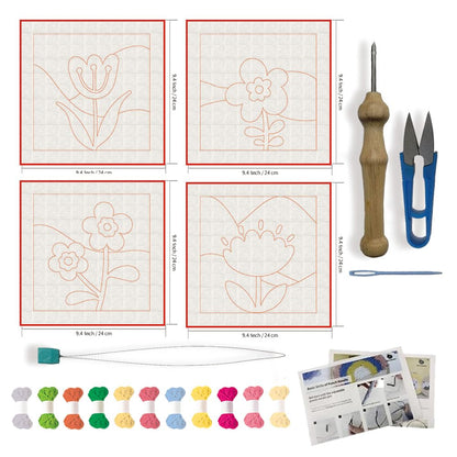 FREEBLOSS 4 Set DIY Punch Needle Kit Abstract Flowers Punch Needle Embroidery Wall Hanging Painting Punching Needles Starter Kit for Beginners with Complete Tools, Already Framed, 9.4x9.4inch