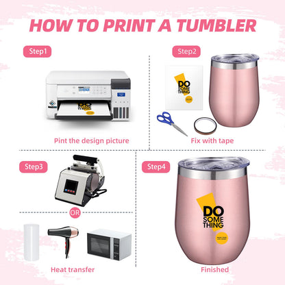 ColorSub 8 Pack 12oz Sublimation Wine Tumblers, Stainless Steel Double Wall Sublimation Blanks Wine Cups with Lids & Straws, Silicone Straw Tips, Gift Box, Rose Gold