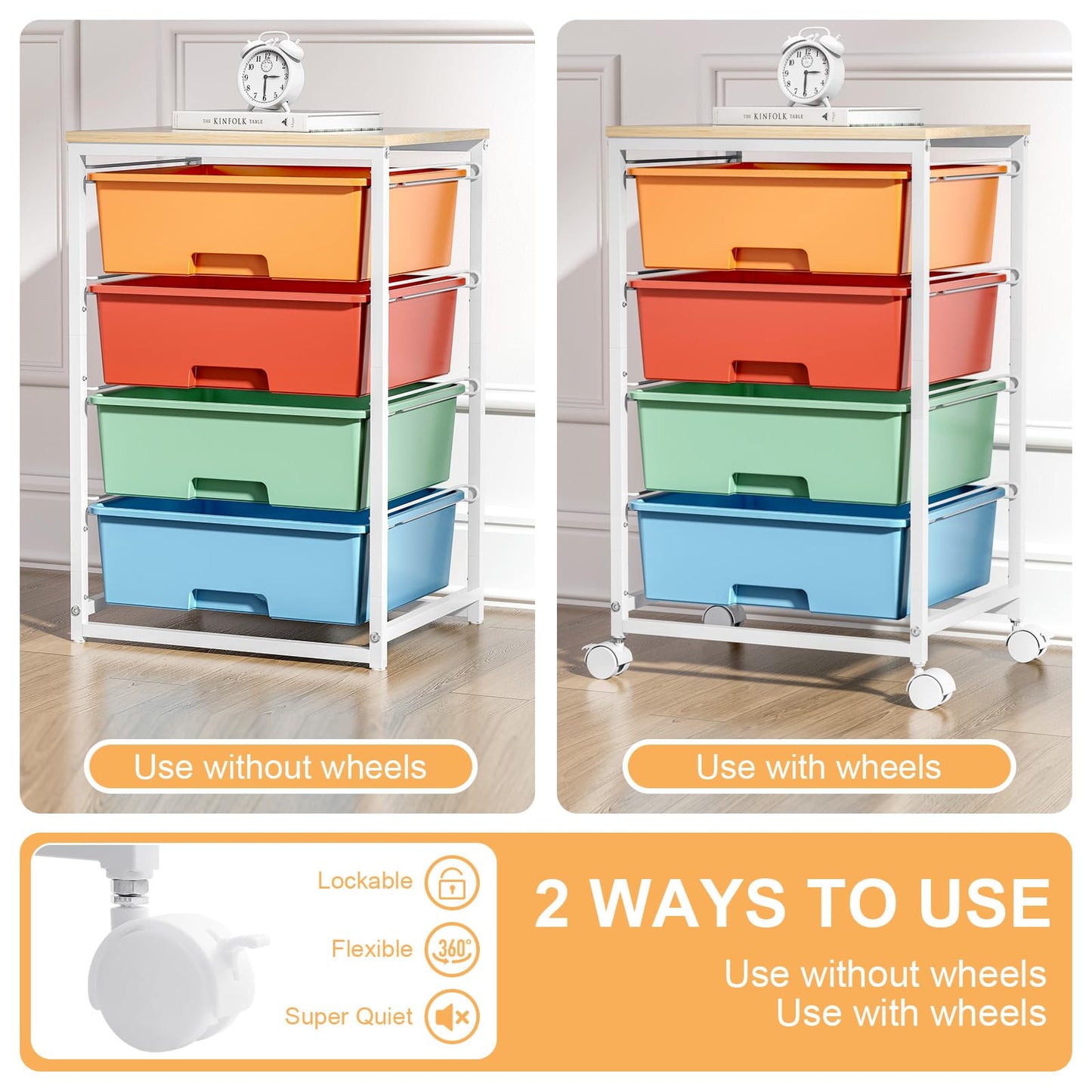 Utility-Rolling-Storage-Drawer-Craft-Cart-Organizer with 4 Drawers and Wooden Tabletop & Lockable Wheels for Home Office, Bedroom, Kids Room, Classroom, 4 Tiers Under Desk Drawer Cart, Macaron