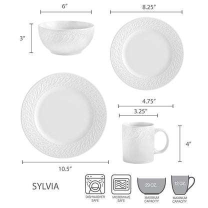 Pfaltzgraff Sylvia 32-Piece White Dinnerware Set, Service for 8, Durable Stoneware Plates, Bowls, and Mugs, Microwave and Dishwasher Safe