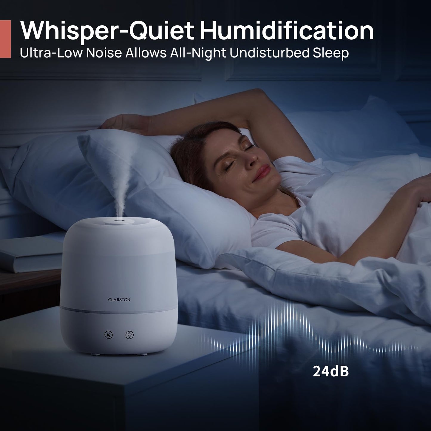 2L Cool Mist Humidifier for Bedroom with 360° Adjustable Nozzle, High and Low Mist Levels, Ultra-Low Noise, Light-Off, No BPA, Auto Shut Off, Ideal Baby Humidifier with Easy Top Filling