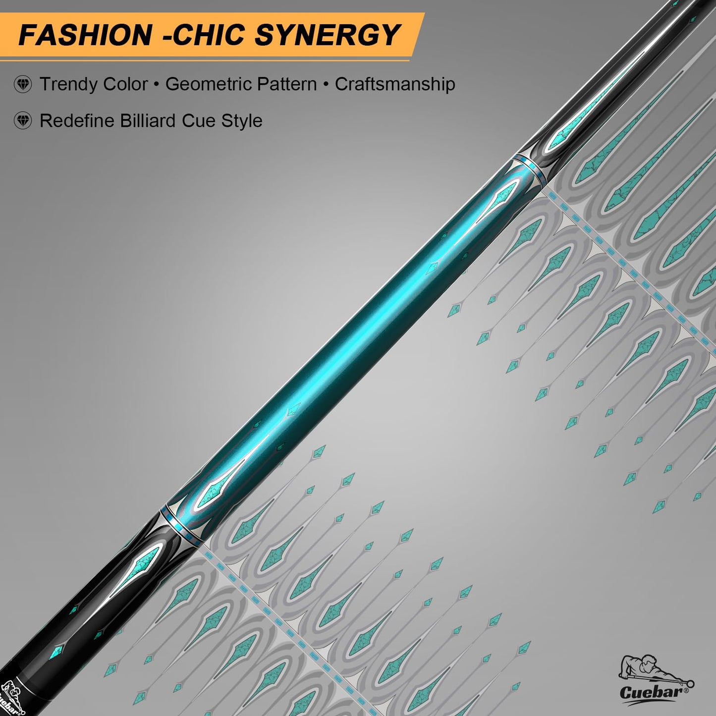 CUEBAR Pool Cue Stick 58 Inch 2-Piece Billiard Cue with Geometric Sword Inlays, Unwrapped Grip, Maple Shaft, 13mm Tip (Teal 19 Oz)