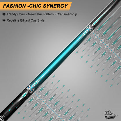 CUEBAR Pool Cue Stick 58 Inch 2-Piece Billiard Cue with Geometric Sword Inlays, Unwrapped Grip, Maple Shaft, 13mm Tip (Teal 19 Oz)
