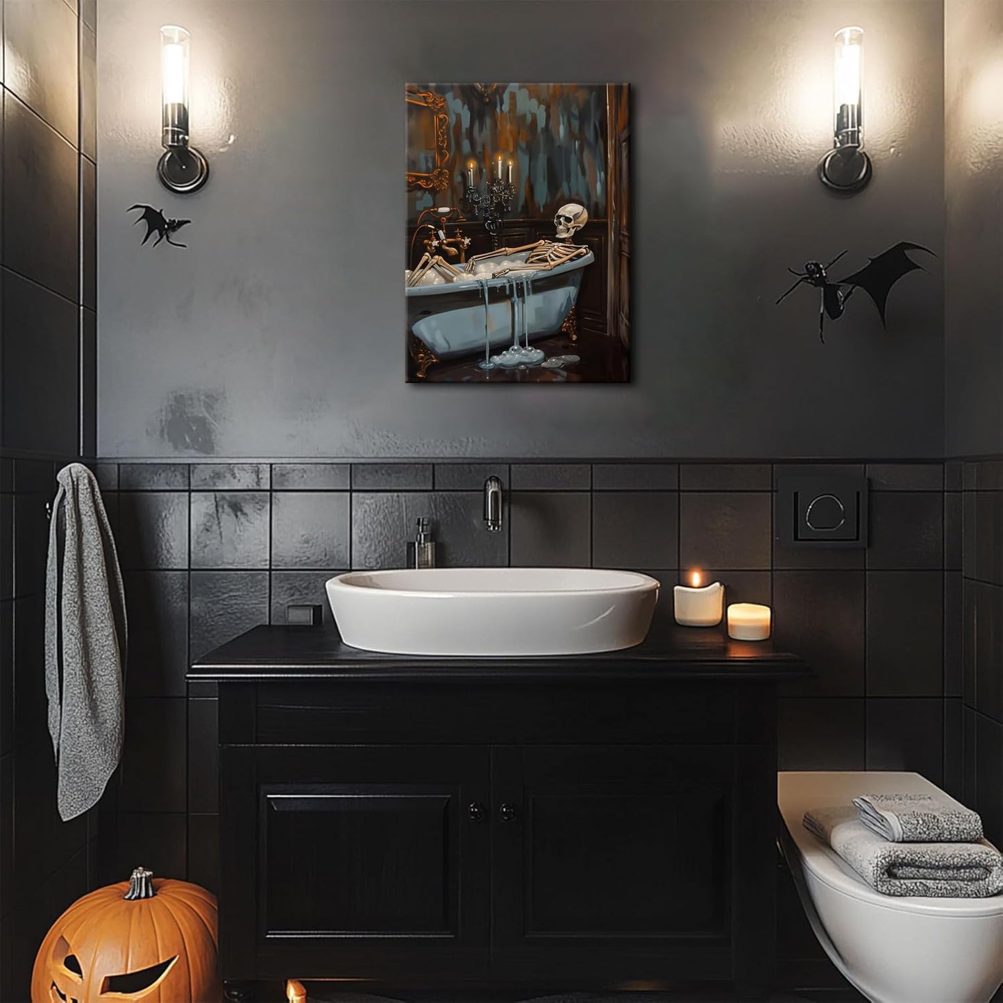 Framed Funny Halloween Skeleton Bathroom Wall Art, Soaking My Bones Pictures Wall Decor, Moody Gothic Dark Academia Paintings Canvas Prints Spooky Home Decor for Living Room Bedroom Dorm 12x16 inch