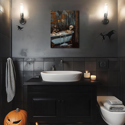Framed Funny Halloween Skeleton Bathroom Wall Art, Soaking My Bones Pictures Wall Decor, Moody Gothic Dark Academia Paintings Canvas Prints Spooky Home Decor for Living Room Bedroom Dorm 12x16 inch