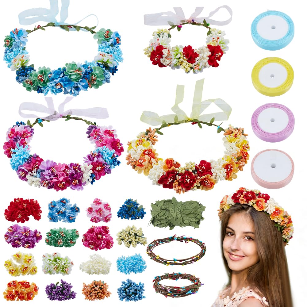 ACRNIGHEET 20 Sets DIY Flower Crown Making Kit, Gorgeous Flowr Crowns Kit, Fairy Party Favors Floral Headband and Bracelet, Make Your Own Crown Garland Headband for Princess Women Wedding Birthday