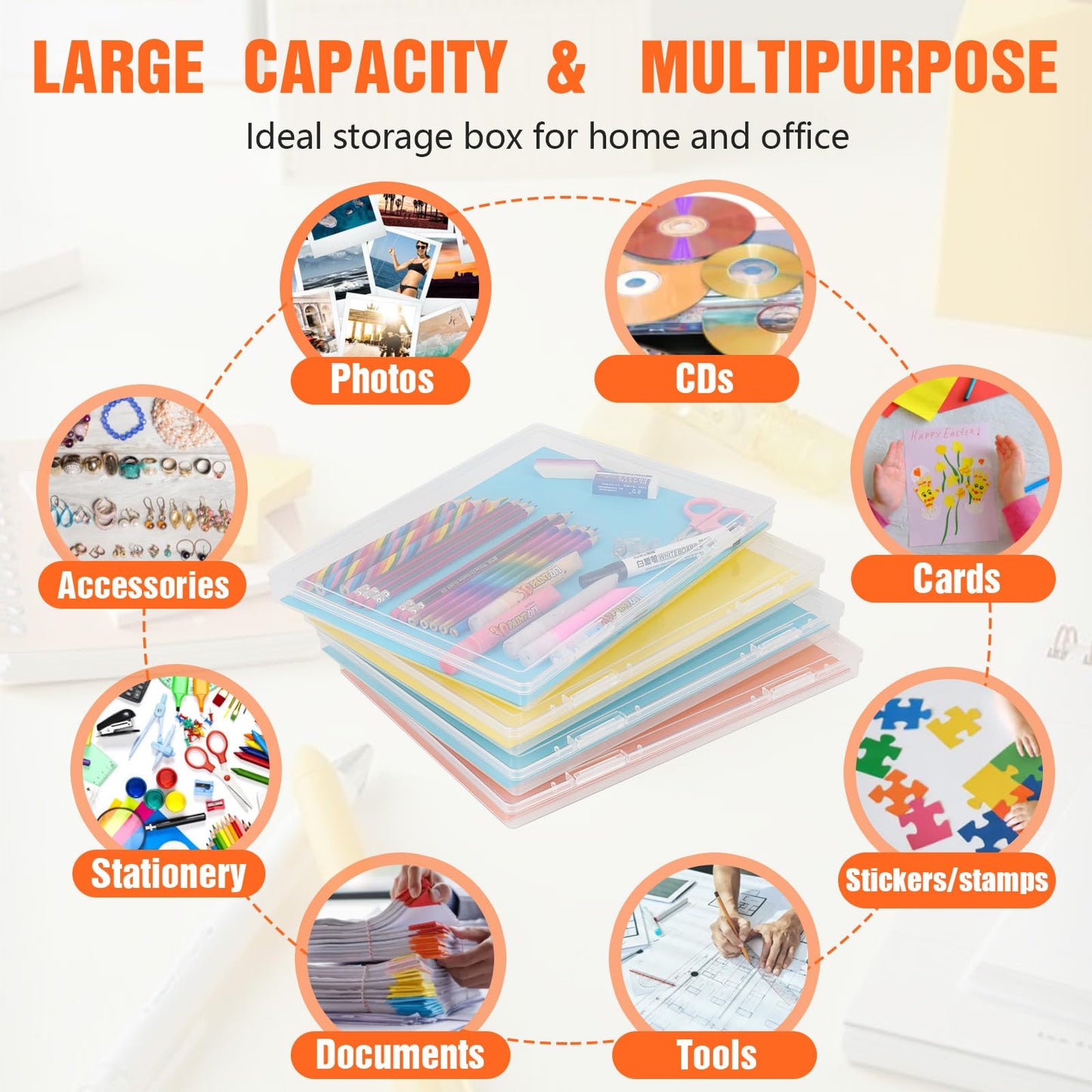 FUIJOL Photo Storage Box 11.5x8.5 Inch, 4 Pcs Portable Board Game Storage Container, A4 Paper Storage Box, Craft and File Organizer for Home/Office (8.5 * 11.5inch-4pcs)