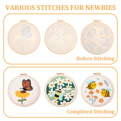 3 Pcs Punch Needle Kits, 7.87 Inch Cute Floral, Bees and Butterfly Punch Needle Kit for Adults Beginner Children Needles Punching kit with Embroidery Hoop, Instruction, Fabric, Sewing Needles, Yarns