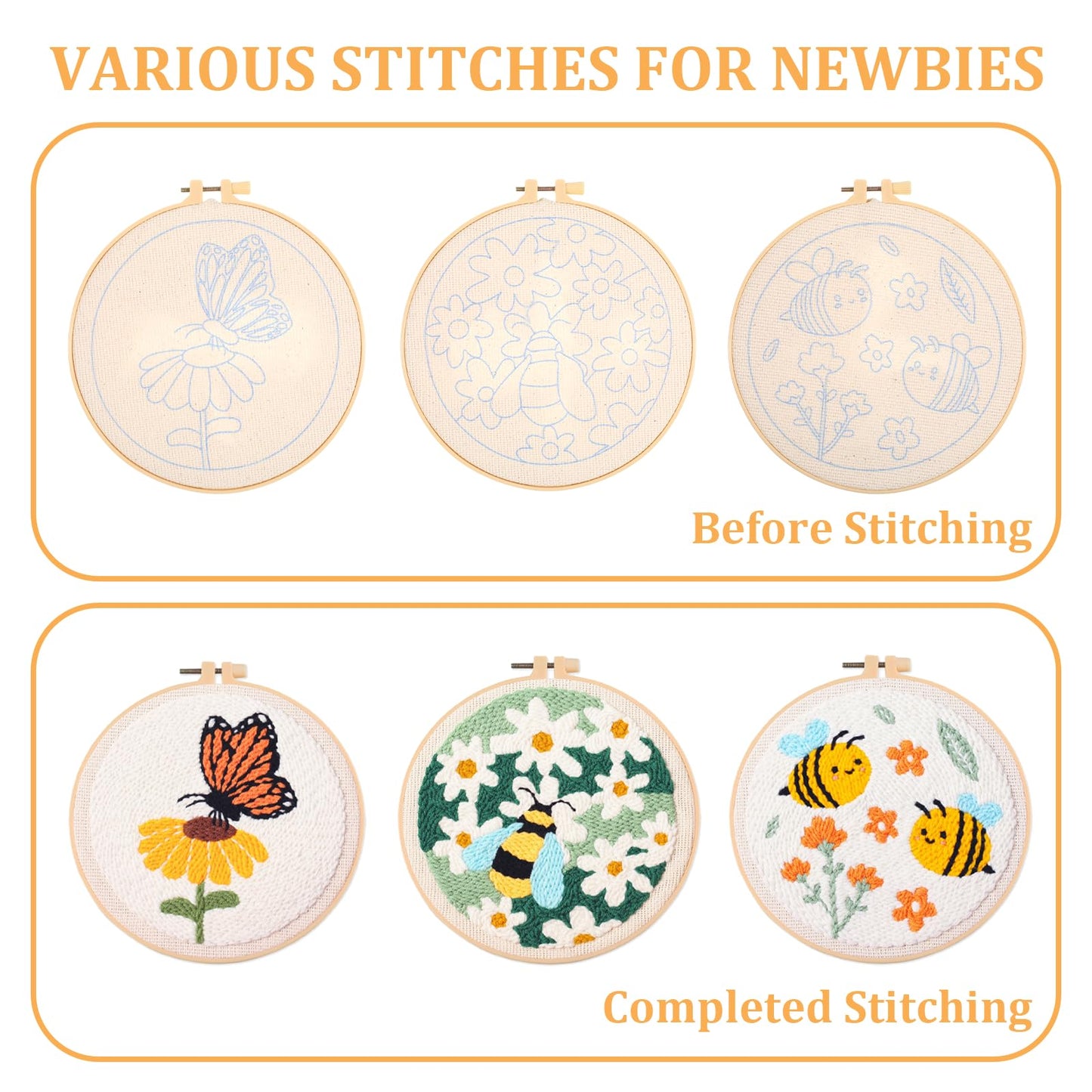 3 Pcs Punch Needle Kits, 7.87 Inch Cute Floral, Bees and Butterfly Punch Needle Kit for Adults Beginner Children Needles Punching kit with Embroidery Hoop, Instruction, Fabric, Sewing Needles, Yarns