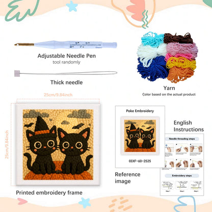 SDOYUNO Punch Needle Kit with Frame for Adults Beginners Kits 9.84 x 9.84 Inch Embroidery Starter Kits Punch Needle Kit with Cat Pattern, Threader, Yarns, Rug Punch, DIY Craft Kits (Beige)