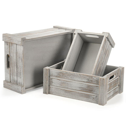 Hacaroa 3 Pack Wood Crates with Handles, Rustic Nesting Storage Container Box Decorative Wooden Basket Bins for Fruit, Vegetable, Home, Laundry, Farmhouse, 3 Sizes