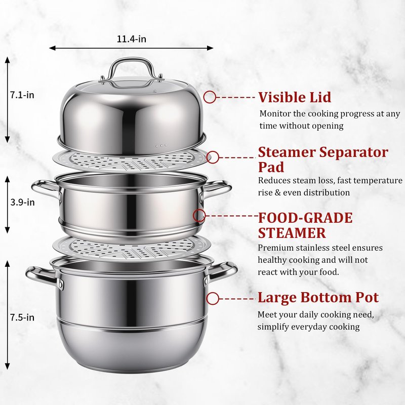 2-Tier Stainless Steel Induction Steamer Pot (30cm/11.8Inch) - Large Food Steamer for Dumplings, Buns & Dim Sum - Dishwasher Safe with Even Heat Distribution