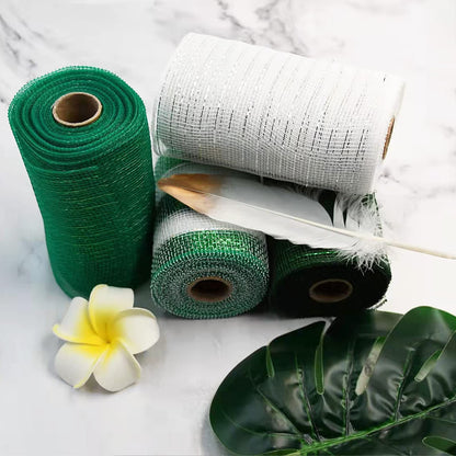 NBHH St. Patrick's Day Mesh Ribbon Deco,White Green Dark Green Border Striped Deco Mesh Wire Ribbon Metallic Foil Rolls for DIY St. Patrick's Decorations Wrapping Craft, 4 Rolls(6 inch Wide)