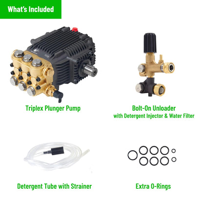 Canpump CF 3230 S: 3200 psi @ 2.9 US gpm Belt-Drive Pressure Washer Pump with External Unloader, 24 mm Solid Shaft, Max 1725 RPM, Horizontal Triplex Pump
