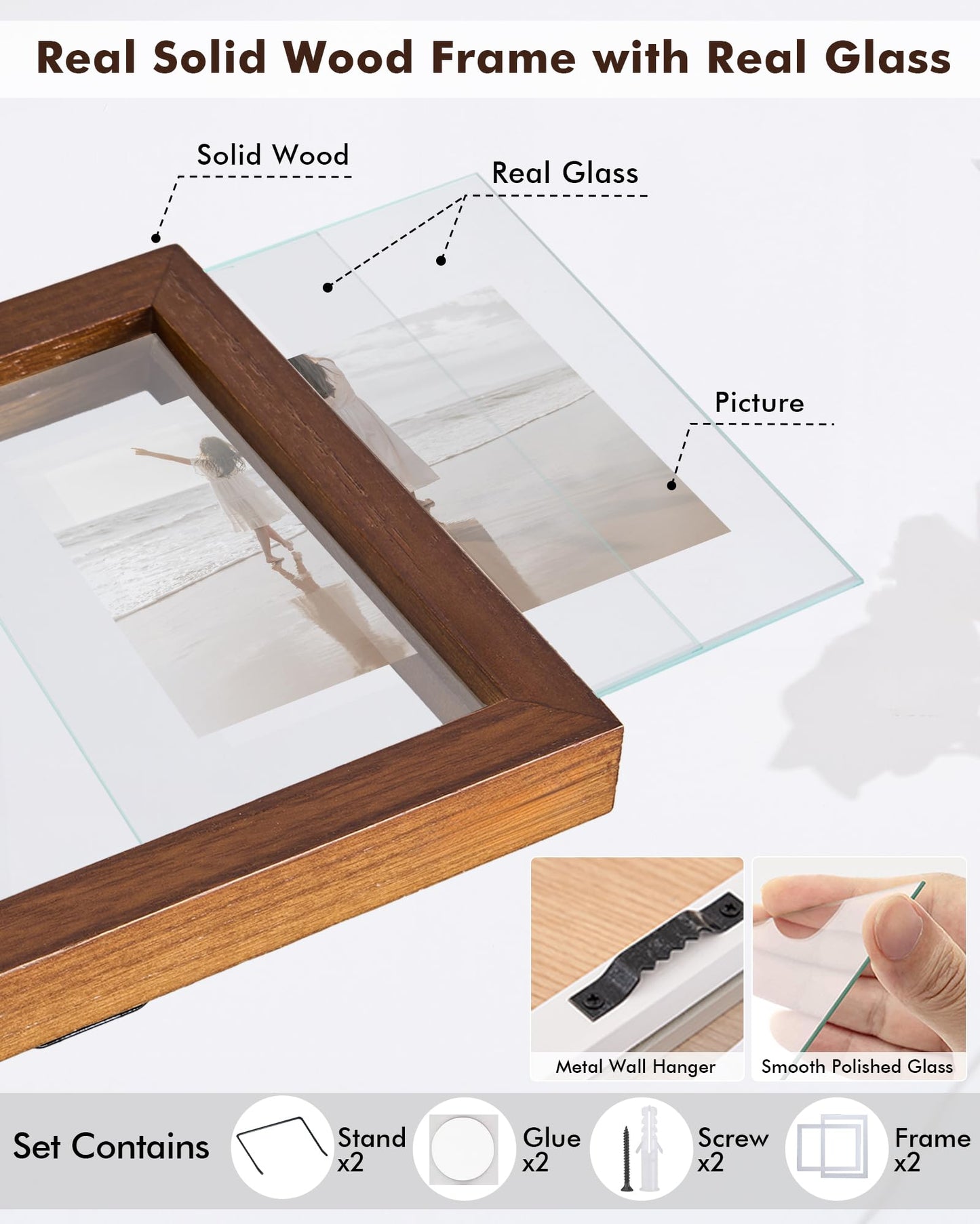 DLQuarts 5x7 Floating Picture Frames for 4x6/3.5x5 Photos, 2-Pack Solid Wood Double Polished Glass Floating Frame for Wall & Tabletop, Postcards and Any Size Photo up to 5x7 Display, Dark Walnut