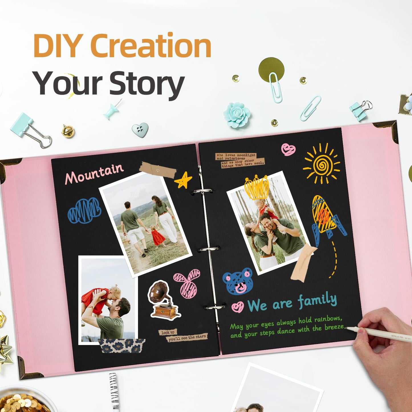 Vienrose DIY Scrapbook Photo Album Kit with Stickers, Pens, Tapes, 60 Pages Hardcover Memory Book, 8.5x11 Inch 3 Ring Binder with Black Pages, Guest Book Gift for Wedding, Travel & Anniversary Pink