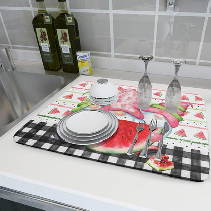 Summer Gnomes Dish Drying Mat 18x24 Inch, Watermelon Fruit Buffalo Plaid Absorbent Kitchen Dry Mats for Sink