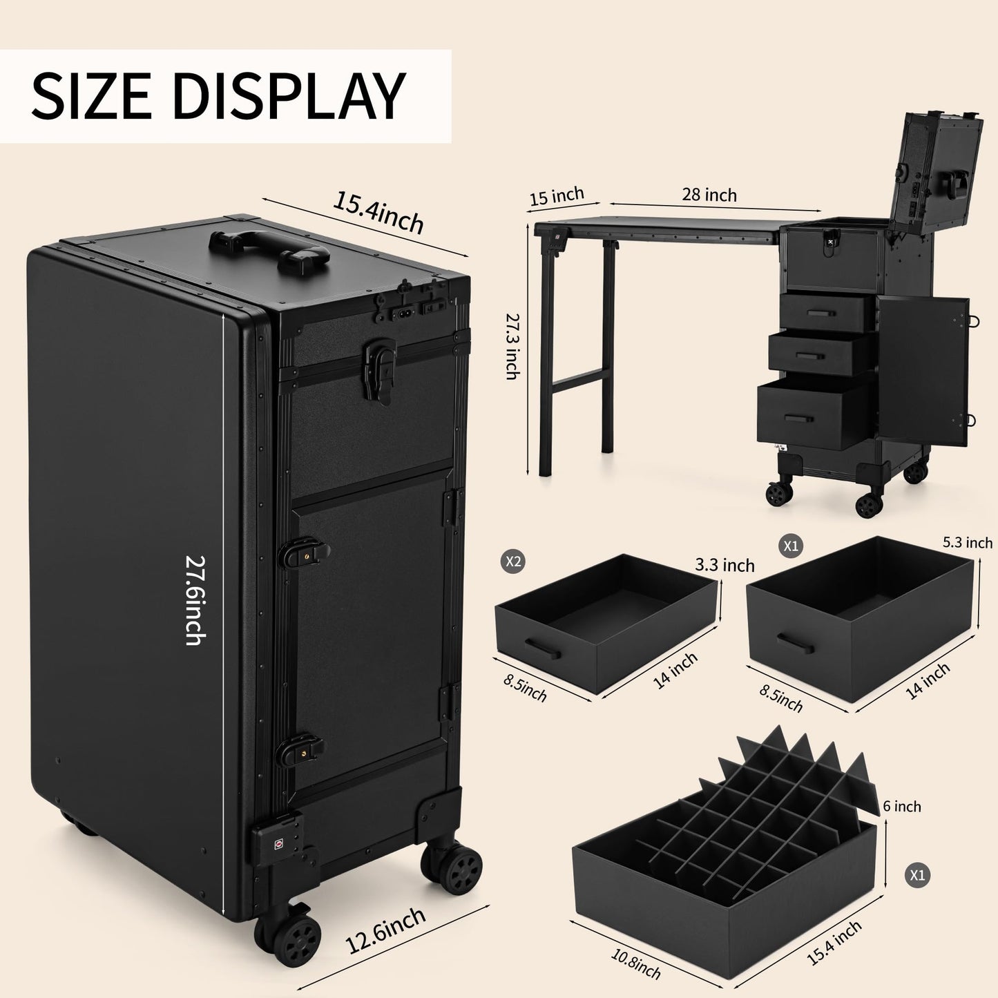 ZhenGuiRu Portable Manicure Table 3 Drawers, Rolling Lockable Makeup Train Case with Blueteeth Speaker and Nail Polish Organizer, Foldable Nail Desk with Mirror & TSA Lock for Nail Tech and Salon Use