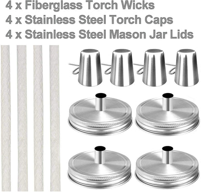 Yitee Mason Jar Tabletop Torch Kits,4 Pack Longlife Fiberglass Wicks,Stainless Steel Mason Jar Lids Caps Included,Outdoor Deck Oil Lamp Torch,Patio Xmas Decor