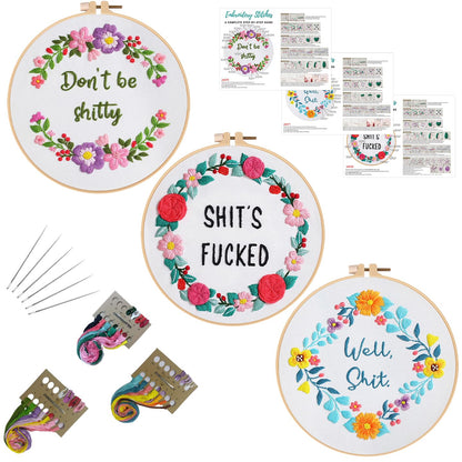 Louise Maelys 3 Sets Funny Embroidery Kits for Beginners,Cross Stitch Kit for Adults,DIY Starters Needlepoint with Flower Wreath Pattern,Including Instruction and Threads
