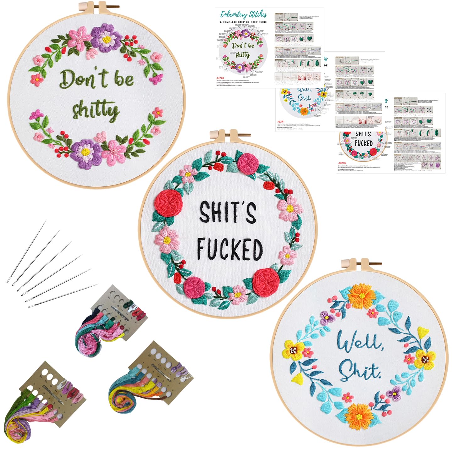 Louise Maelys 3 Sets Funny Embroidery Kits for Beginners,Cross Stitch Kit for Adults,DIY Starters Needlepoint with Flower Wreath Pattern,Including Instruction and Threads