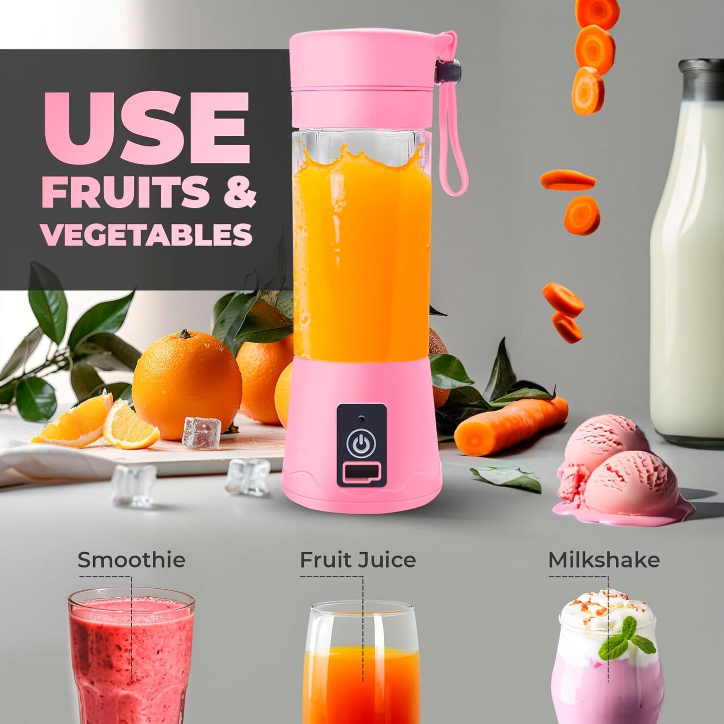Portable Blender, Compact USB Rechargeable Personal Travel Blender for Smoothies, 380ml, Pink