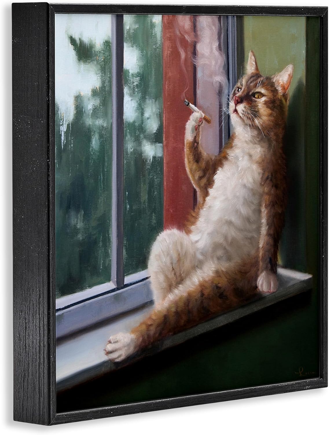 Stupell Industries Black Framed Wall Art, House Cat Smoking Lounging in Window Pane, 12x12, Brown