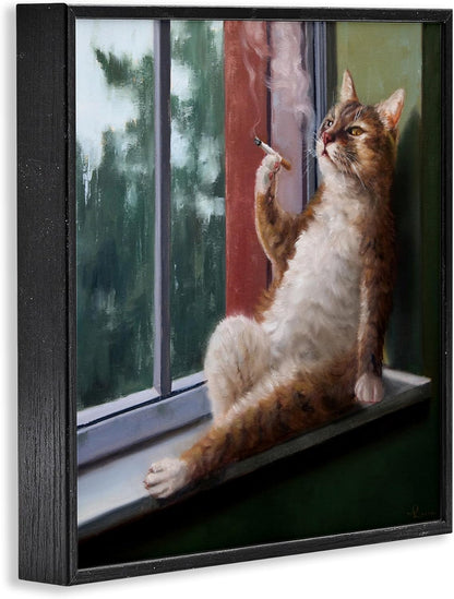 Stupell Industries Black Framed Wall Art, House Cat Smoking Lounging in Window Pane, 12x12, Brown