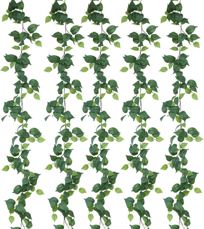 mizii 5 Pack 365" Artificial Scindaps Vines Garland, Fake Vine with Silk Green Leaves for Bedroom Wall Party Wedding