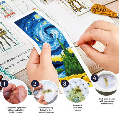 ORIGACH 6 Pcs Cross Stitch Bookmark Kit for Beginner Adults, Swirling Night Sky Stamped Embroidery Bookmark Kit with Instruction for Starters Printed Cross Stitch DIY Kits for Book Lovers
