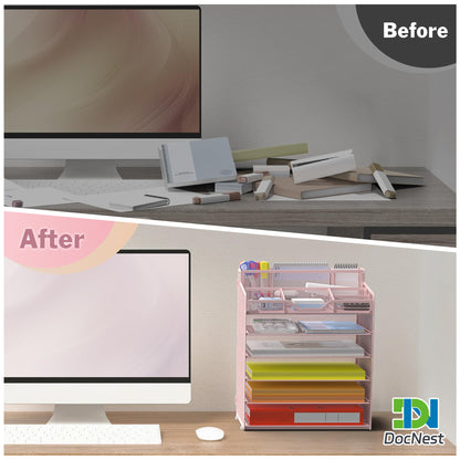Docnest 6 Tier Mesh Desk Organizer for Paper Office Supplies – Multi-Functional Letter Tray with 5 Adjustable Compartments, 9 Pen Holders, Desktop Storage for Files, Mail, Stationery – Pink