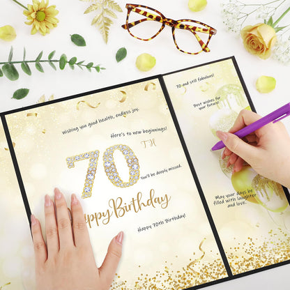 Thboxes Happy 70th Birthday Decorations for Men, Black Gold Signature Guest Book Alternative Cheers to 70 Years Birthday Gifts Creative Signing Card Board for 70th Party Supplies