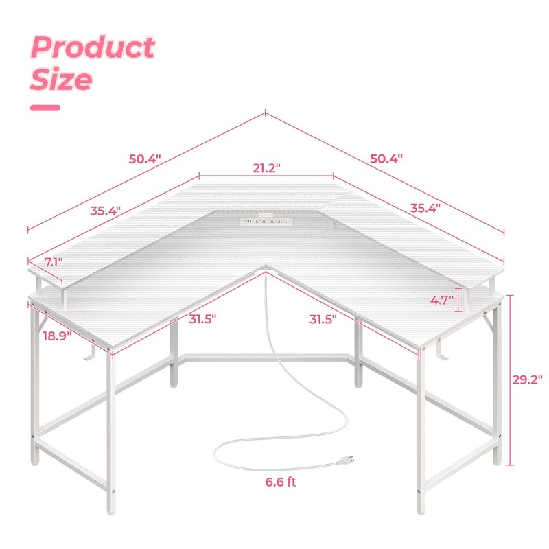 Huuger L Shaped Gaming Desk with Power Outlets & LED Lights, Computer Desk with Monitor Shelves, Carbon Fiber Surface, Home Office Desk, Corner Gaming Desk with Hooks, Carbon Fiber White