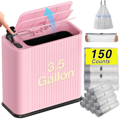 13 3.5 150 Counts Bathroom Trash Can with Lid Liter/ Gallon Pink Trash Can with Pop-Up Lid Bedroom Trash Can Small