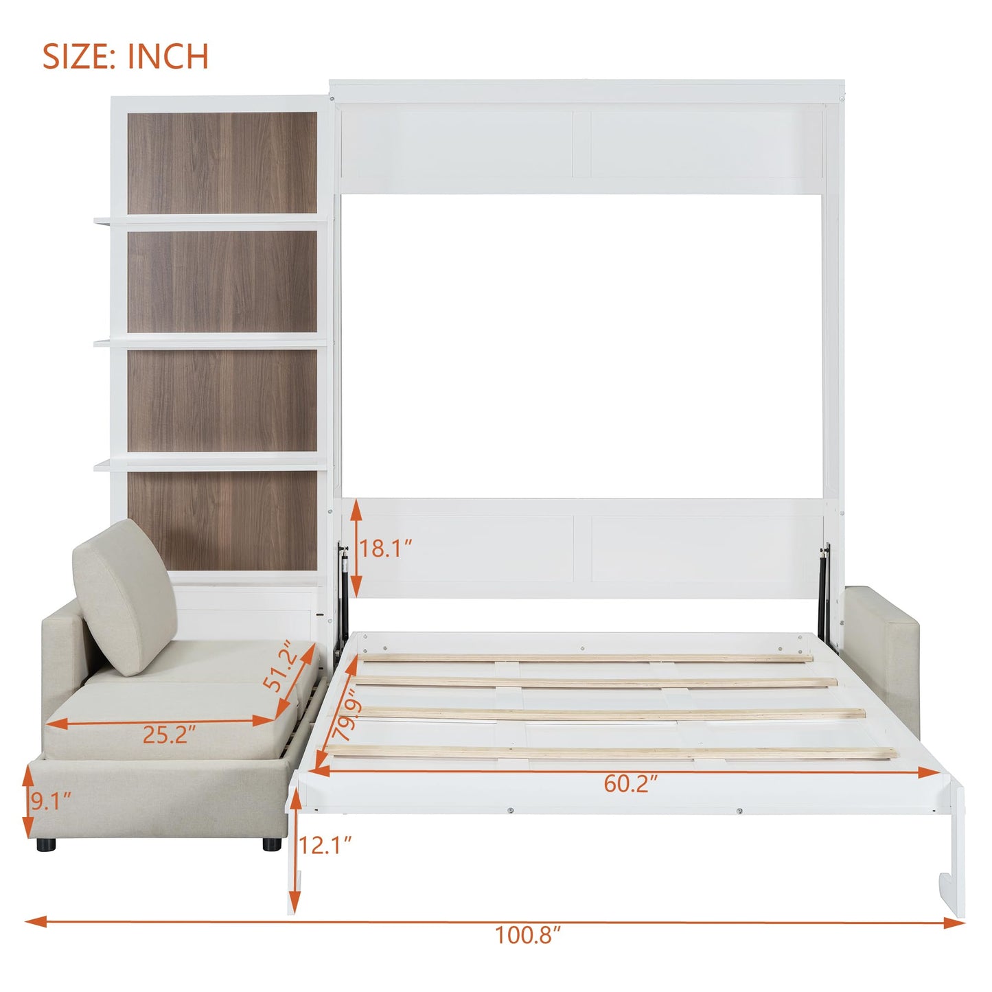 Ball & Cast Murphy Bed Queen Size Wall Chest with Sofa and Shelves,Wood Hideaway Cabinet Platform Bedframe w/Slat Support,can be Folded,Space-Saving,for Small Room,Dorms,White