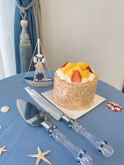 FISHBONE Stainless Steel Wedding Cake Knife and Server Set, Nautical Blue Rings Design for Special Occasions