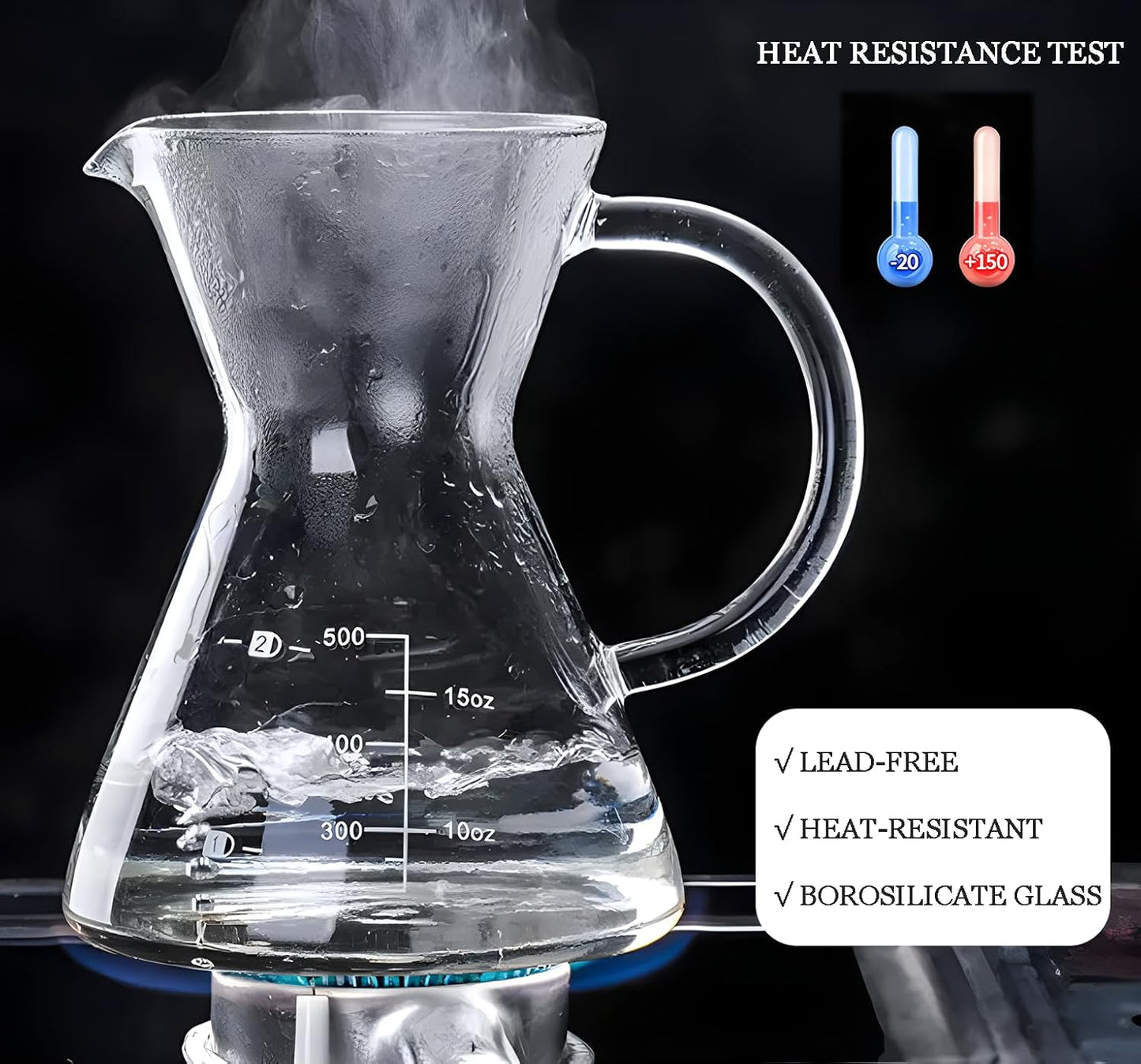 Pour Over Coffee Maker with Reusable Stainless Steel Drip Filter, Borosilicate Glass Carafe for 1-4 Cups