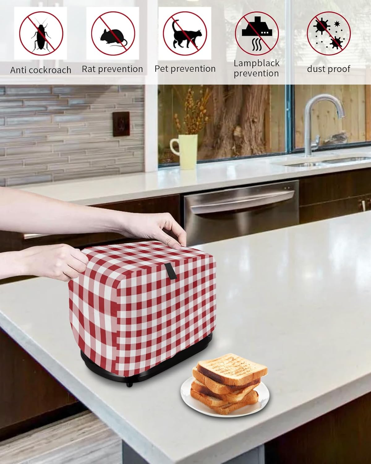 Farmhouse Red Plaid Toaster Cover 2 Slice, Rustic Red White Checkered Small Kitchen Appliance Covers with Loop,