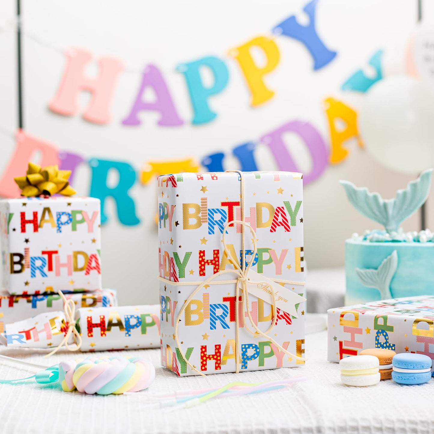 Merture Colorful Wrapping Paper Roll - 17 In X 32.8 Ft - Foil Happy Birthday Lettering & Candles Wrapping Paper for Birthday, Baby Shower, Party