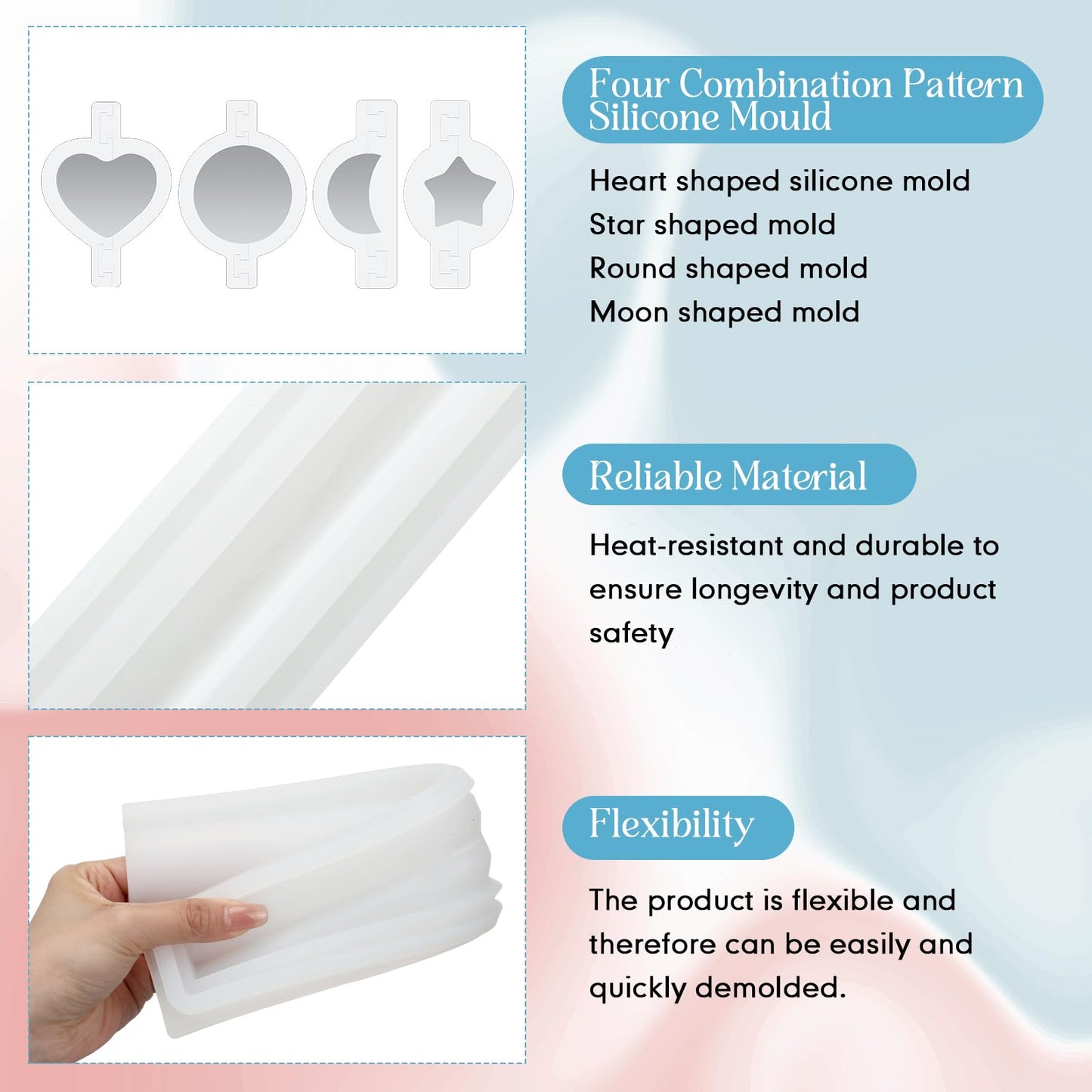 Sunnychicc 4 Pcs Silicone Soap Mold Long Moon Round Star Heart Tube Column Chocolate Candle Embed Soap Making Supplies for DIY Handmade Mousse Loaf Dessert Cake Craft Art