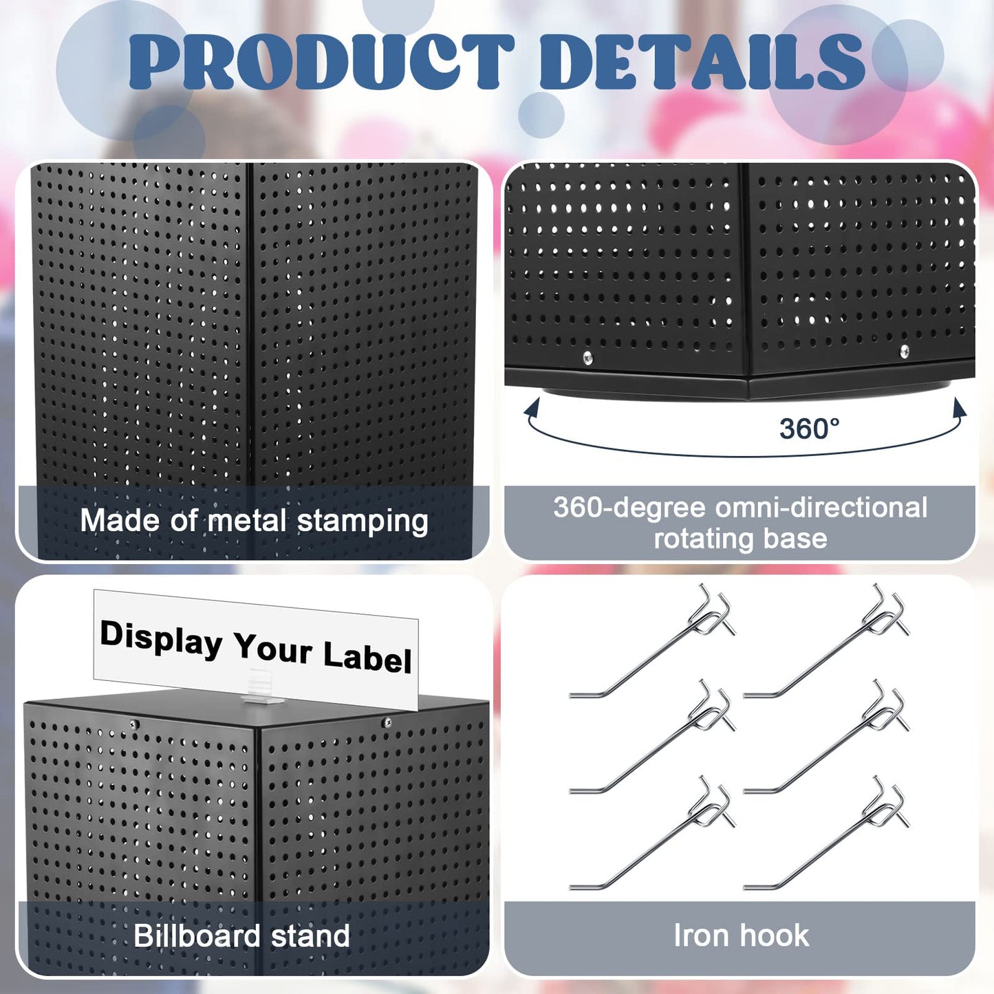 Geelin Metal Pegboard Display with Pegboard Hooks, 9.8 x 9.8 x 20.5 In Rotating Display Stand Display Racks for Craft Shows Pegboard Organizer with Peg Hooks for Jewelry Organizing Retail (Black)