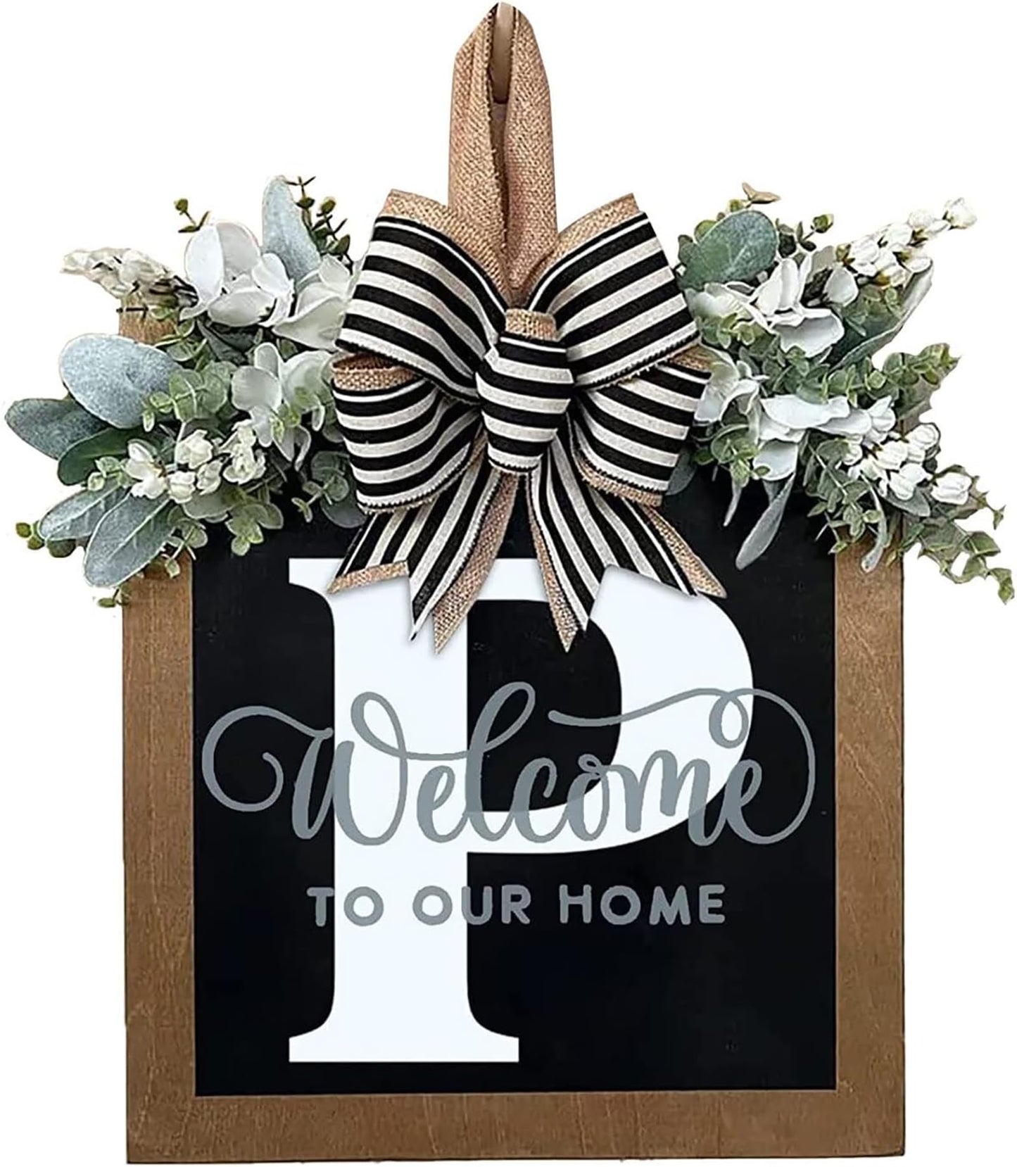 Last Name All Year Round Front Door Wreath with 26 Initial Letter Welcome Sign All Seasons Eucalyptus Garland and Bow ，Farmhouse, Porch, for Spring Summer Fall All Seasons Holiday Halloween Christmas.（P）