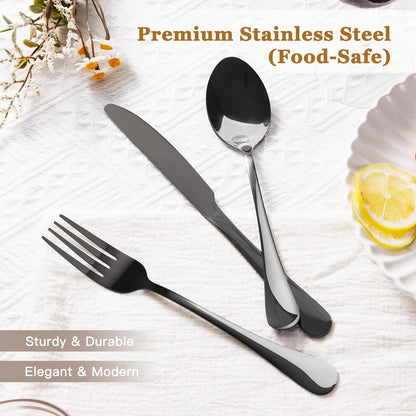 Astercook 24-Piece Black Silverware Set with Steak Knives Flatware Set for 4 Food-Grade Stainless Steel Cutlery Set Mirror Polished Utensils Set Include Spoons and Forks for Home Gifts for Women