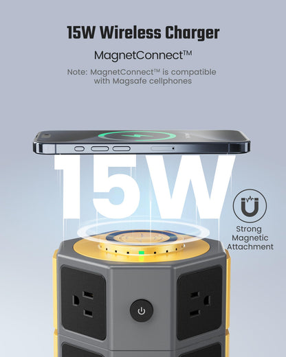 Power Strip Tower, SUPERDANNY Surge Protector Tower with 15W Wireless Charger, 1050J, 13A Charging Station with 12 AC Outlets & 6 USB Ports (2 USB C), 6.5ft Extension Cord for Home Office Dorm, Gold