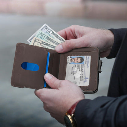 Kunlgro Wallet for Men - Pop Up Case, Cash Slot, and Credit Card Wallet - Slim Minimalist Aluminum Front Pocket Wallet with RFID Blocking/ID Window (Genuine Leather Dark Coffee)