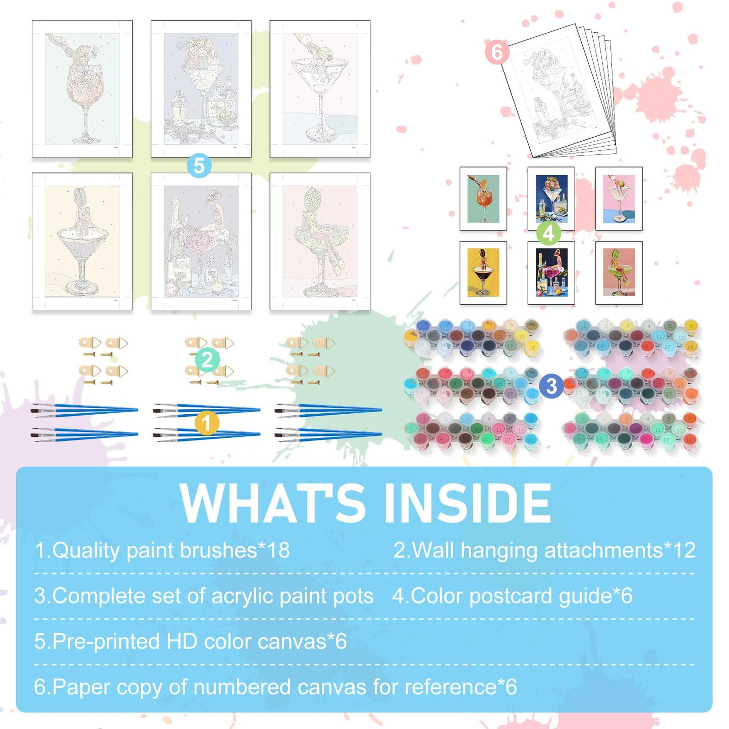 6 Pack Paint by Numbers Kit for Adults Beginners - 8x12 Inch Cocktail Adult Paint by Number Kits on Canvas, Cocktail DIY Acrylic Oil Number Painting Kits for Adults, Perfect for Gift Home Decor